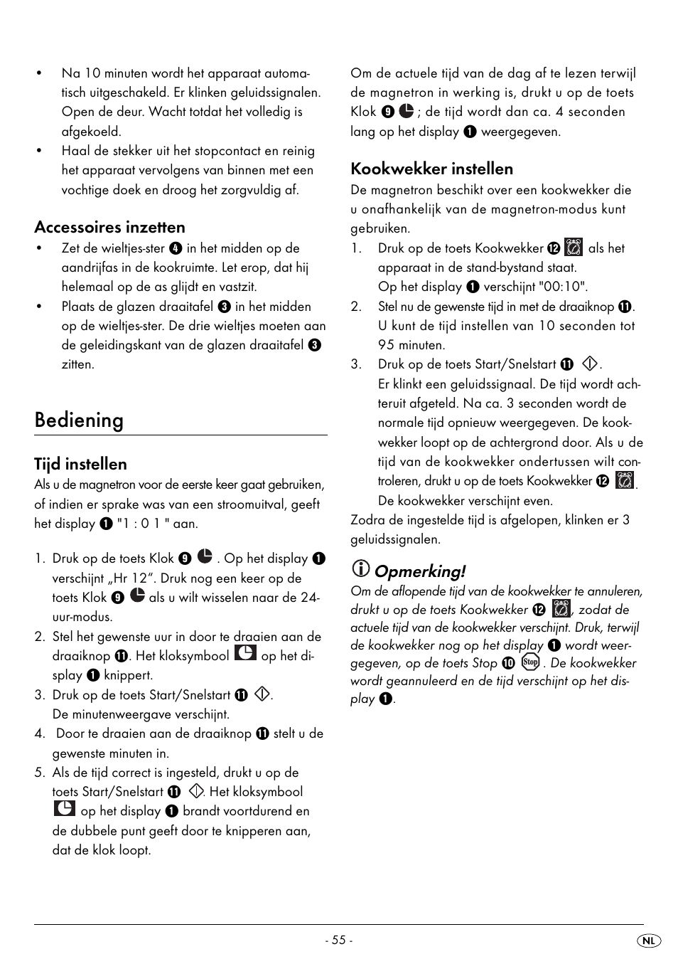 Bediening, Accessoires inzetten, Tijd instellen | Kookwekker instellen, Opmerking | Silvercrest SMW 800 B2 User Manual | Page 58 / 91