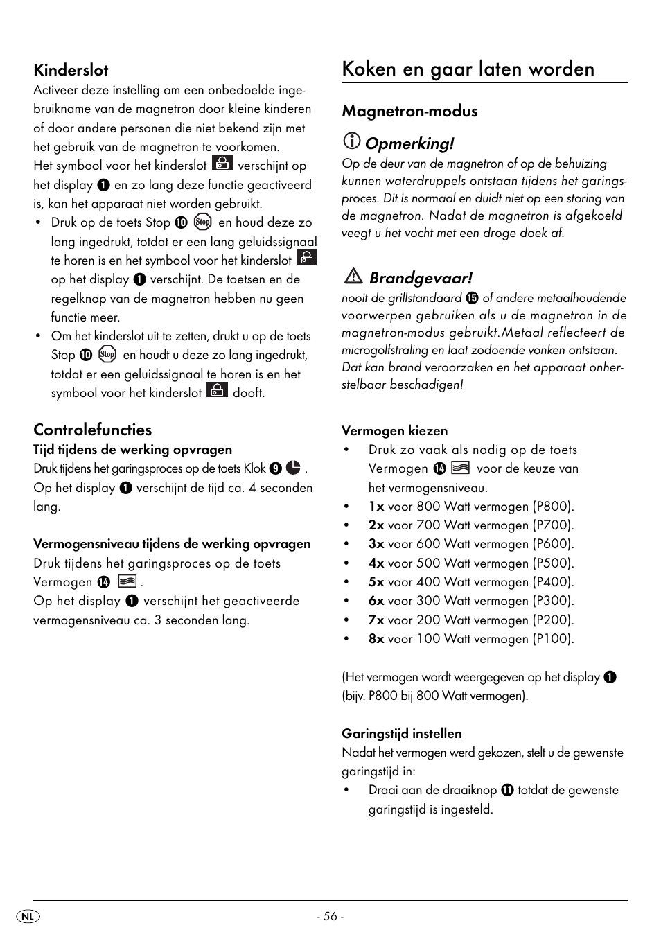 Koken en gaar laten worden, Kinderslot, Controlefuncties | Magnetron-modus opmerking, Brandgevaar | Silvercrest SMW 800 B2 User Manual | Page 59 / 91