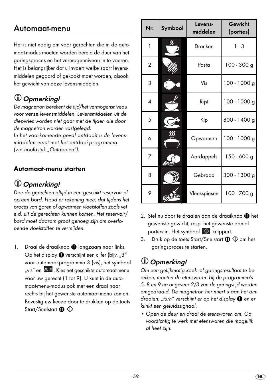 Automaat-menu, Opmerking, Automaat-menu starten opmerking | Silvercrest SMW 800 B2 User Manual | Page 62 / 91