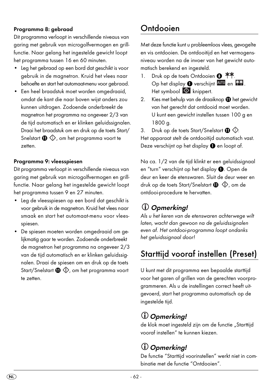 Ontdooien, Starttijd vooraf instellen (preset), Opmerking | Silvercrest SMW 800 B2 User Manual | Page 65 / 91