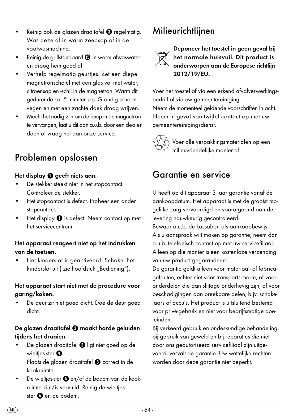 Problemen opslossen, Milieurichtlijnen, Garantie en service | Silvercrest SMW 800 B2 User Manual | Page 67 / 91