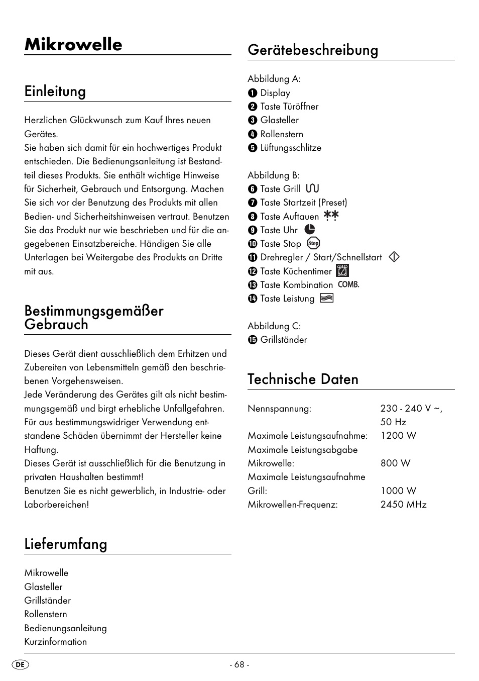 Mikrowelle, Einleitung, Bestimmungsgemäßer gebrauch | Lieferumfang, Gerätebeschreibung, Technische daten | Silvercrest SMW 800 B2 User Manual | Page 71 / 91