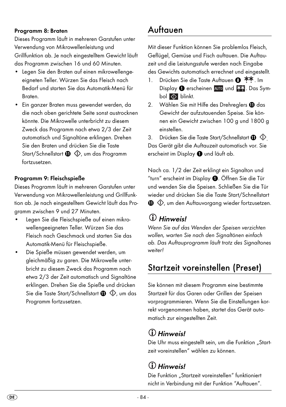 Auftauen, Startzeit voreinstellen (preset), Hinweis | Silvercrest SMW 800 B2 User Manual | Page 87 / 91