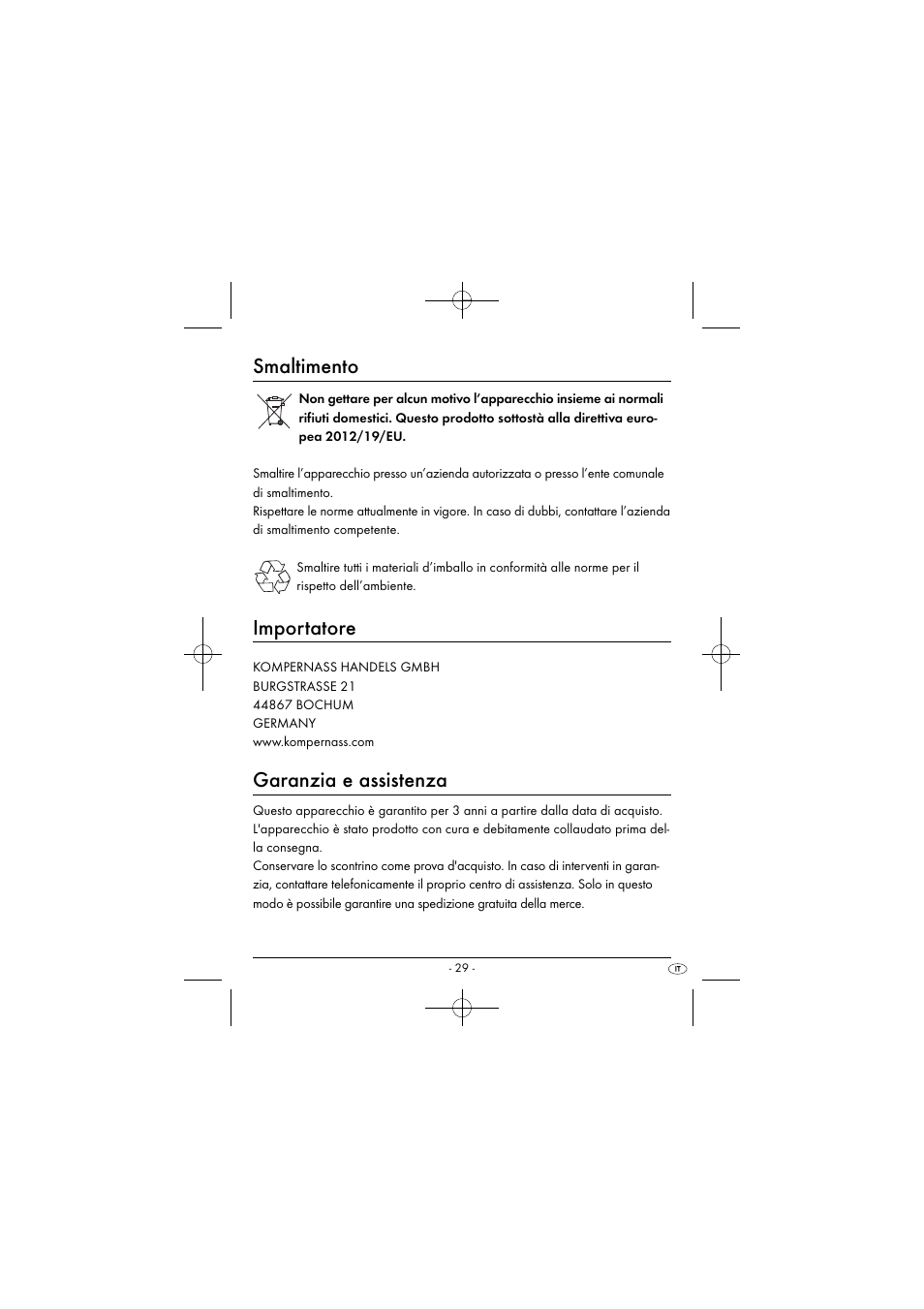 Smaltimento, Importatore, Garanzia e assistenza | Silvercrest SEAS 20 A1 User Manual | Page 32 / 54