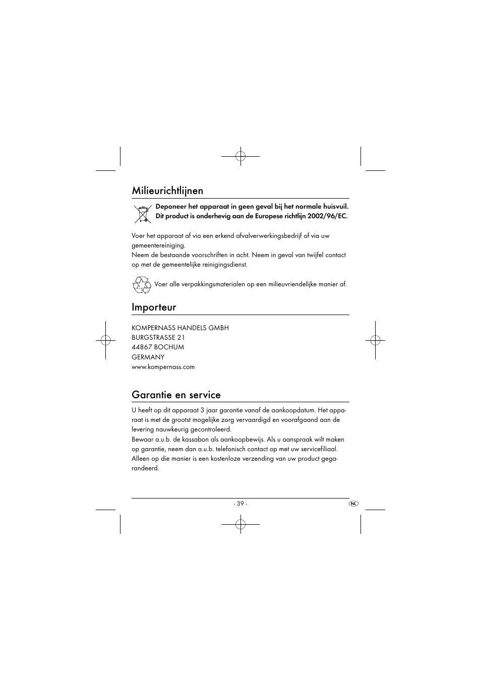 Milieurichtlijnen, Importeur, Garantie en service | Silvercrest SEAS 20 A1 User Manual | Page 42 / 54