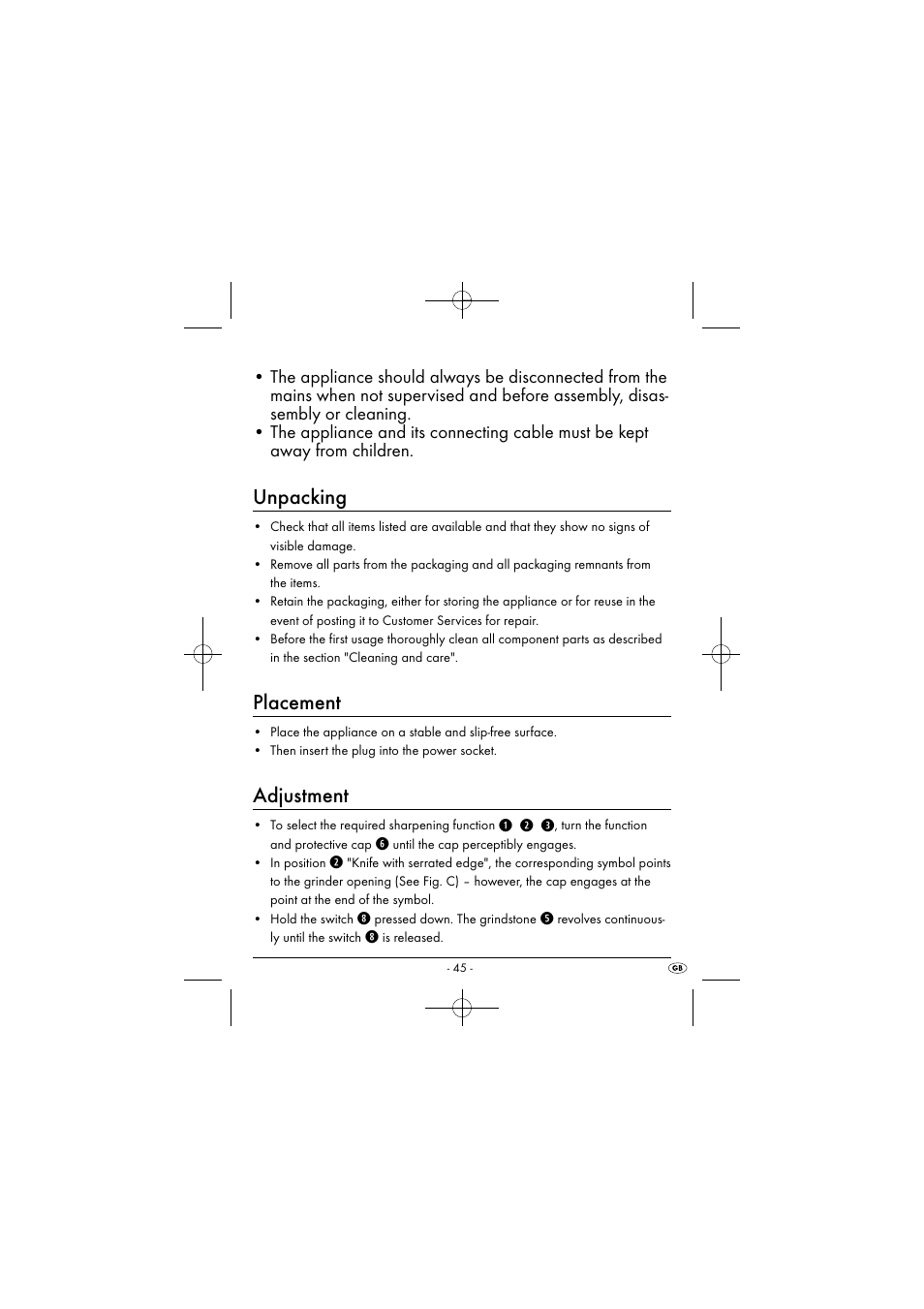 Unpacking, Placement, Adjustment | Q w e | Silvercrest SEAS 20 A1 User Manual | Page 48 / 54