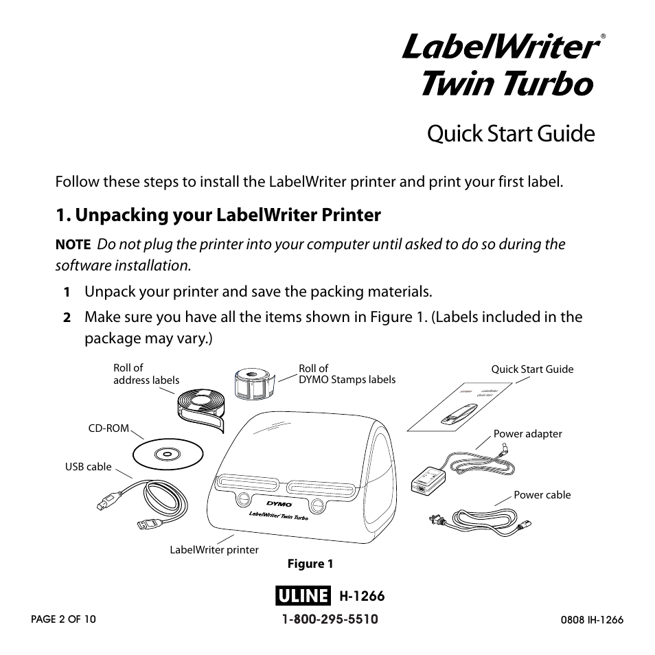 Quick start guide, English, Unpacking your labelwriter printer | Unpack your printer and save the packing materials | Dymo H-1266 User Manual | Page 2 / 10