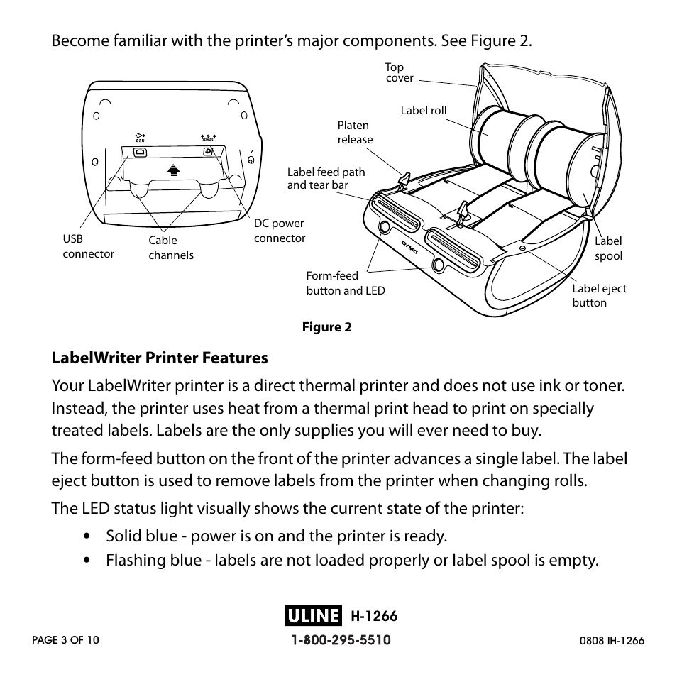 Solid blue - power is on and the printer is ready | Dymo H-1266 User Manual | Page 3 / 10