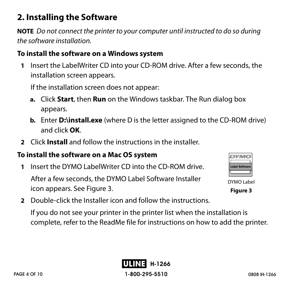 Installing the software | Dymo H-1266 User Manual | Page 4 / 10