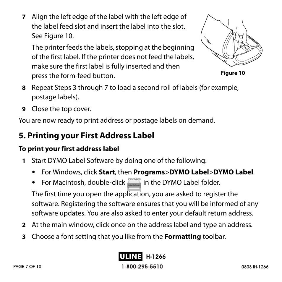 Printing your first address label | Dymo H-1266 User Manual | Page 7 / 10