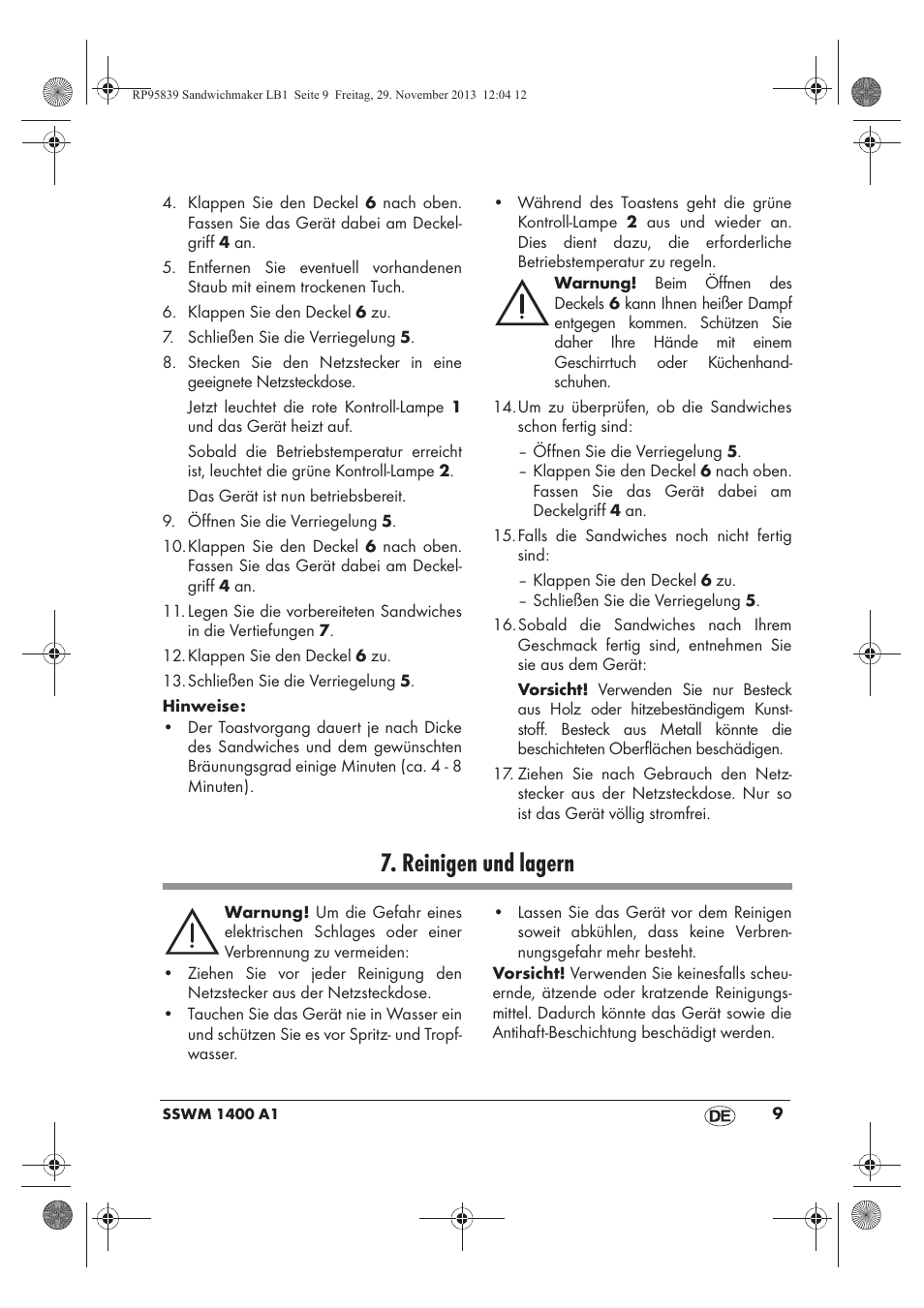 Reinigen und lagern | Silvercrest SSWM 1400 A1 User Manual | Page 11 / 58