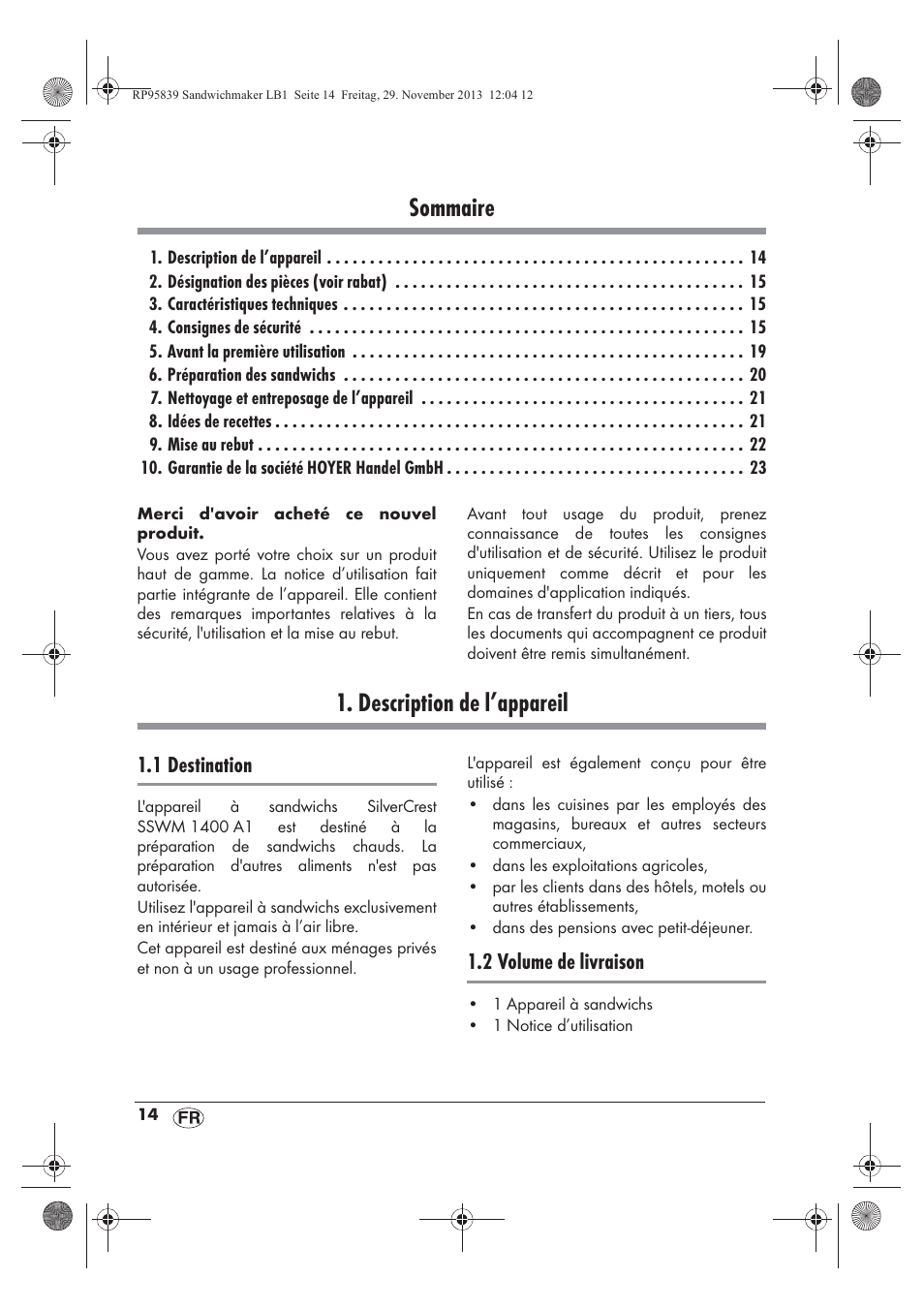 Sommaire, Description de l’appareil | Silvercrest SSWM 1400 A1 User Manual | Page 16 / 58