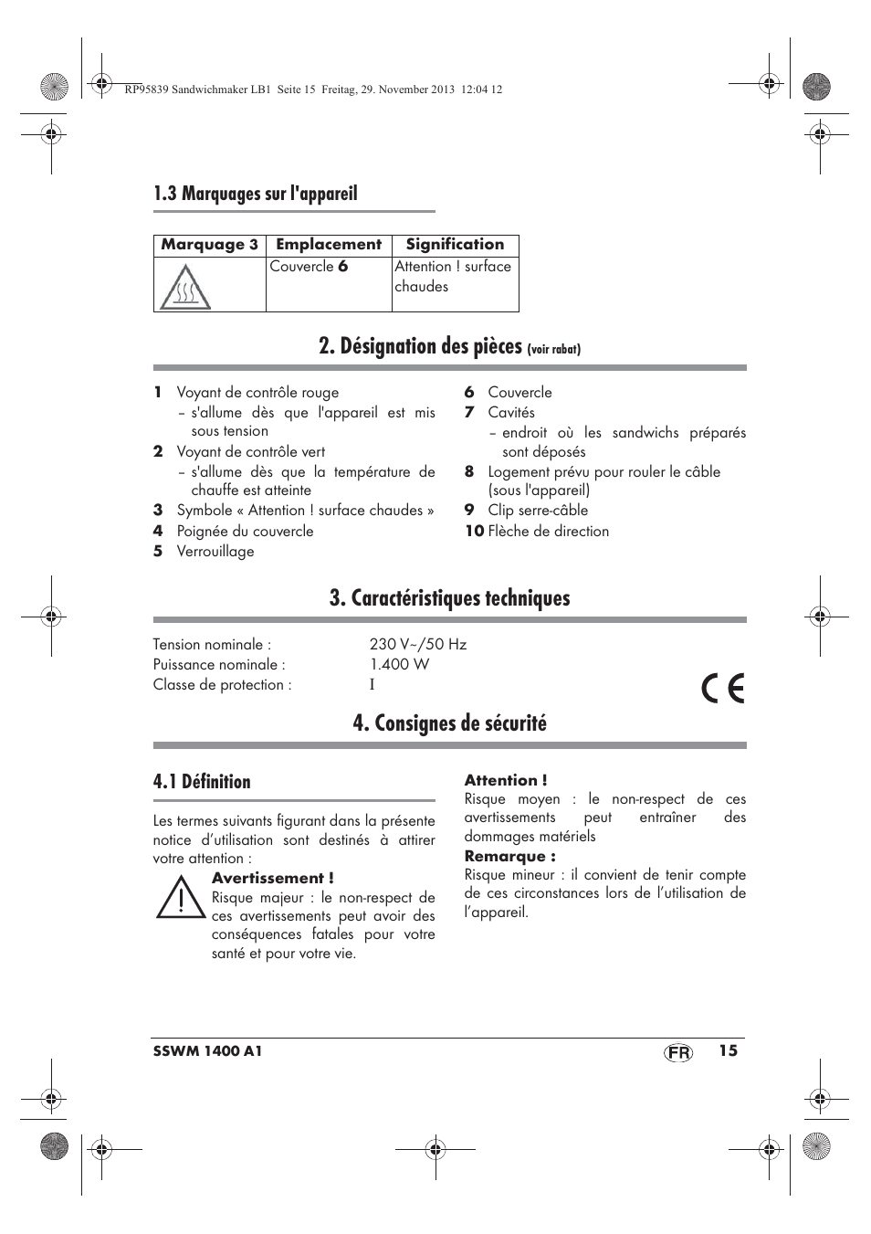 Désignation des pièces, Caractéristiques techniques, Consignes de sécurité | 3 marquages sur l'appareil, 1 définition | Silvercrest SSWM 1400 A1 User Manual | Page 17 / 58