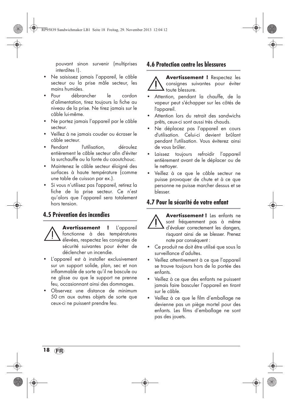 5 prévention des incendies, 6 protection contre les blessures, 7 pour la sécurité de votre enfant | Silvercrest SSWM 1400 A1 User Manual | Page 20 / 58