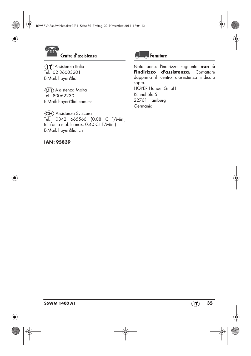 Centro d’assistenza, Fornitore | Silvercrest SSWM 1400 A1 User Manual | Page 37 / 58