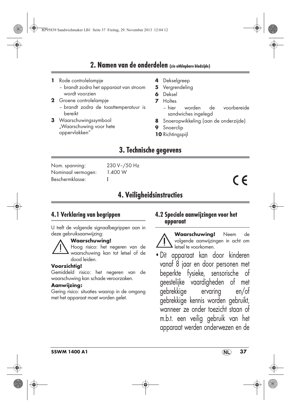 Namen van de onderdelen, Technische gegevens, Veiligheidsinstructies | 1 verklaring van begrippen, 2 speciale aanwijzingen voor het apparaat | Silvercrest SSWM 1400 A1 User Manual | Page 39 / 58