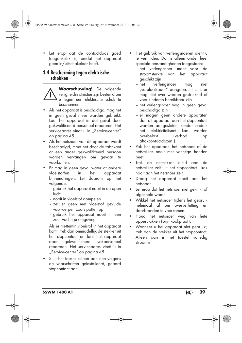 4 bescherming tegen elektrische schokken | Silvercrest SSWM 1400 A1 User Manual | Page 41 / 58