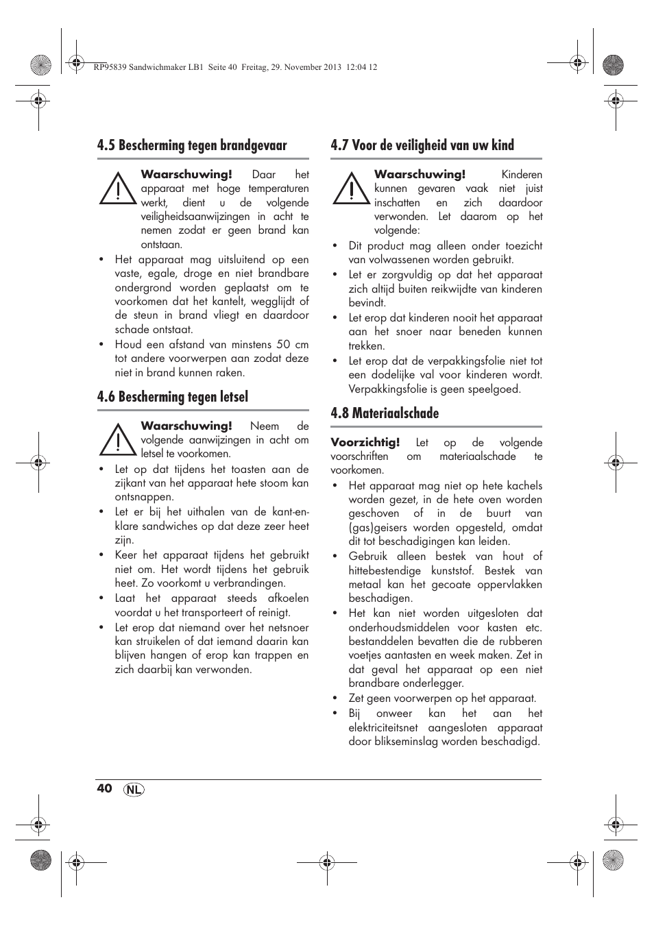 5 bescherming tegen brandgevaar, 6 bescherming tegen letsel, 7 voor de veiligheid van uw kind | 8 materiaalschade | Silvercrest SSWM 1400 A1 User Manual | Page 42 / 58