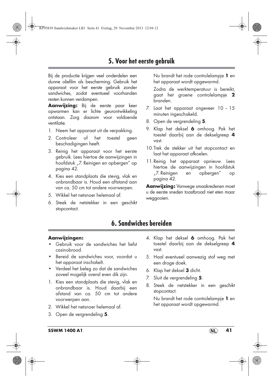 Voor het eerste gebruik, Sandwiches bereiden | Silvercrest SSWM 1400 A1 User Manual | Page 43 / 58