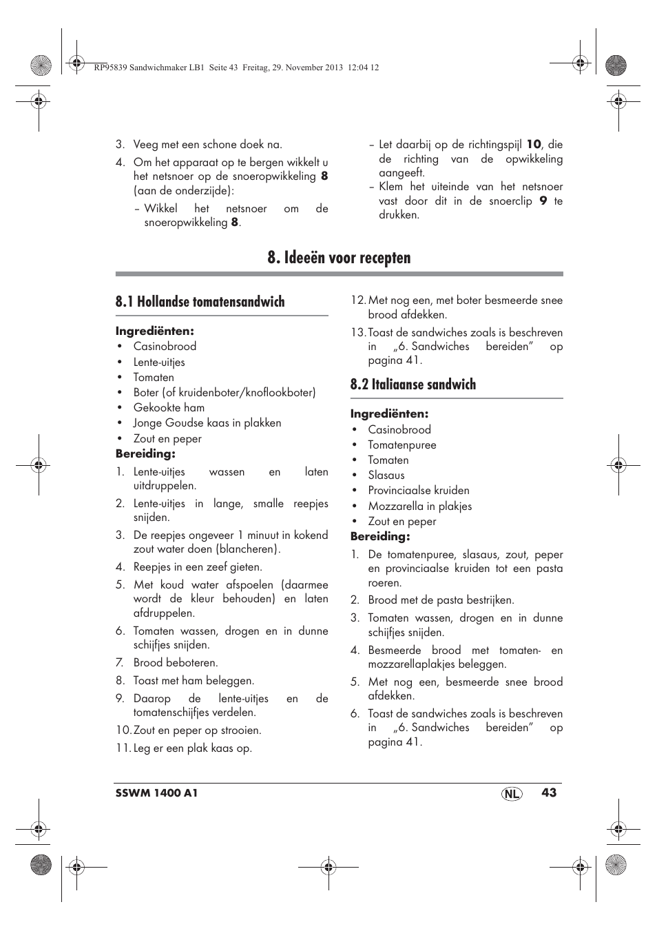 Ideeën voor recepten, 1 hollandse tomatensandwich, 2 italiaanse sandwich | Silvercrest SSWM 1400 A1 User Manual | Page 45 / 58