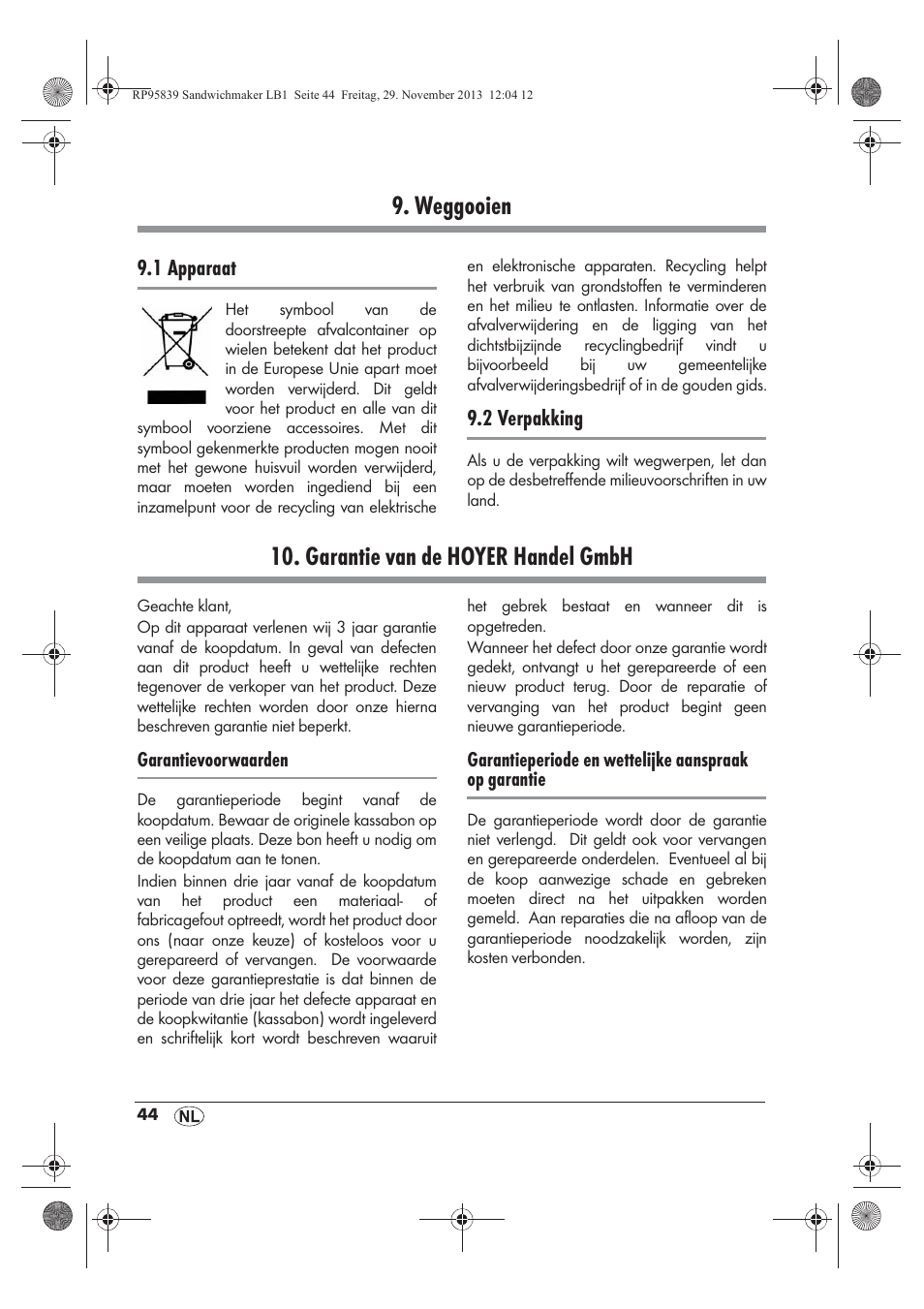 Weggooien, Garantie van de hoyer handel gmbh | Silvercrest SSWM 1400 A1 User Manual | Page 46 / 58
