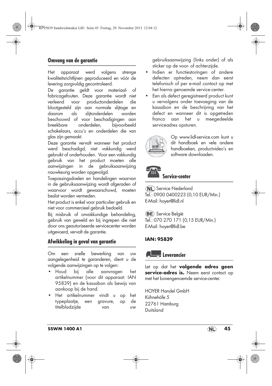 Omvang van de garantie, Afwikkeling in geval van garantie, Service-center | Leverancier | Silvercrest SSWM 1400 A1 User Manual | Page 47 / 58