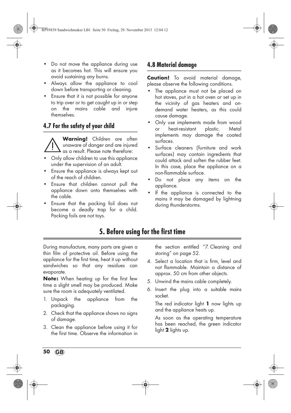 Before using for the first time, 7 for the safety of your child, 8 material damage | Silvercrest SSWM 1400 A1 User Manual | Page 52 / 58