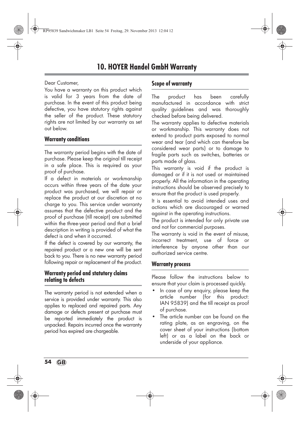 Hoyer handel gmbh warranty | Silvercrest SSWM 1400 A1 User Manual | Page 56 / 58