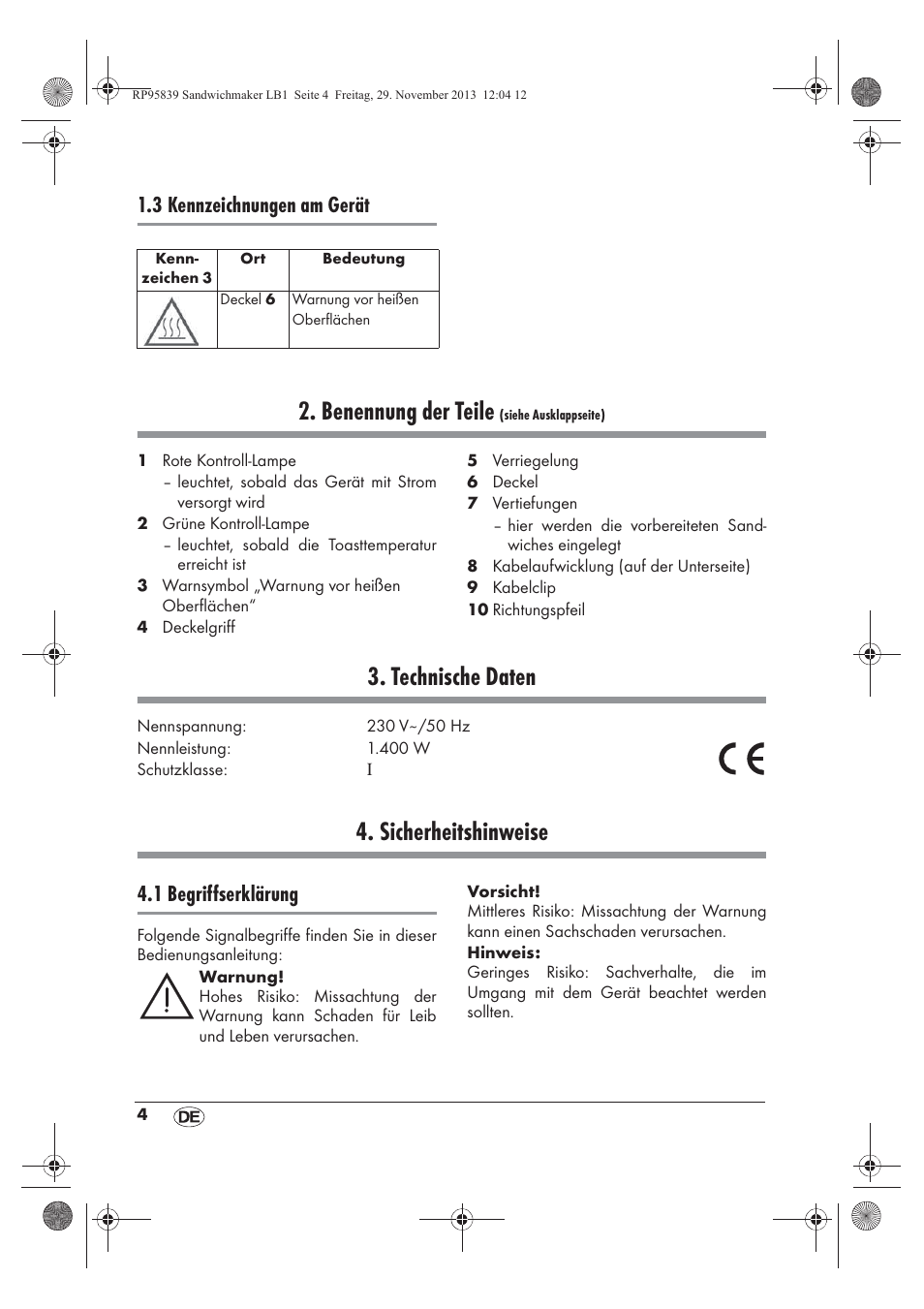 Benennung der teile, Technische daten, Sicherheitshinweise | 3 kennzeichnungen am gerät, 1 begriffserklärung | Silvercrest SSWM 1400 A1 User Manual | Page 6 / 58