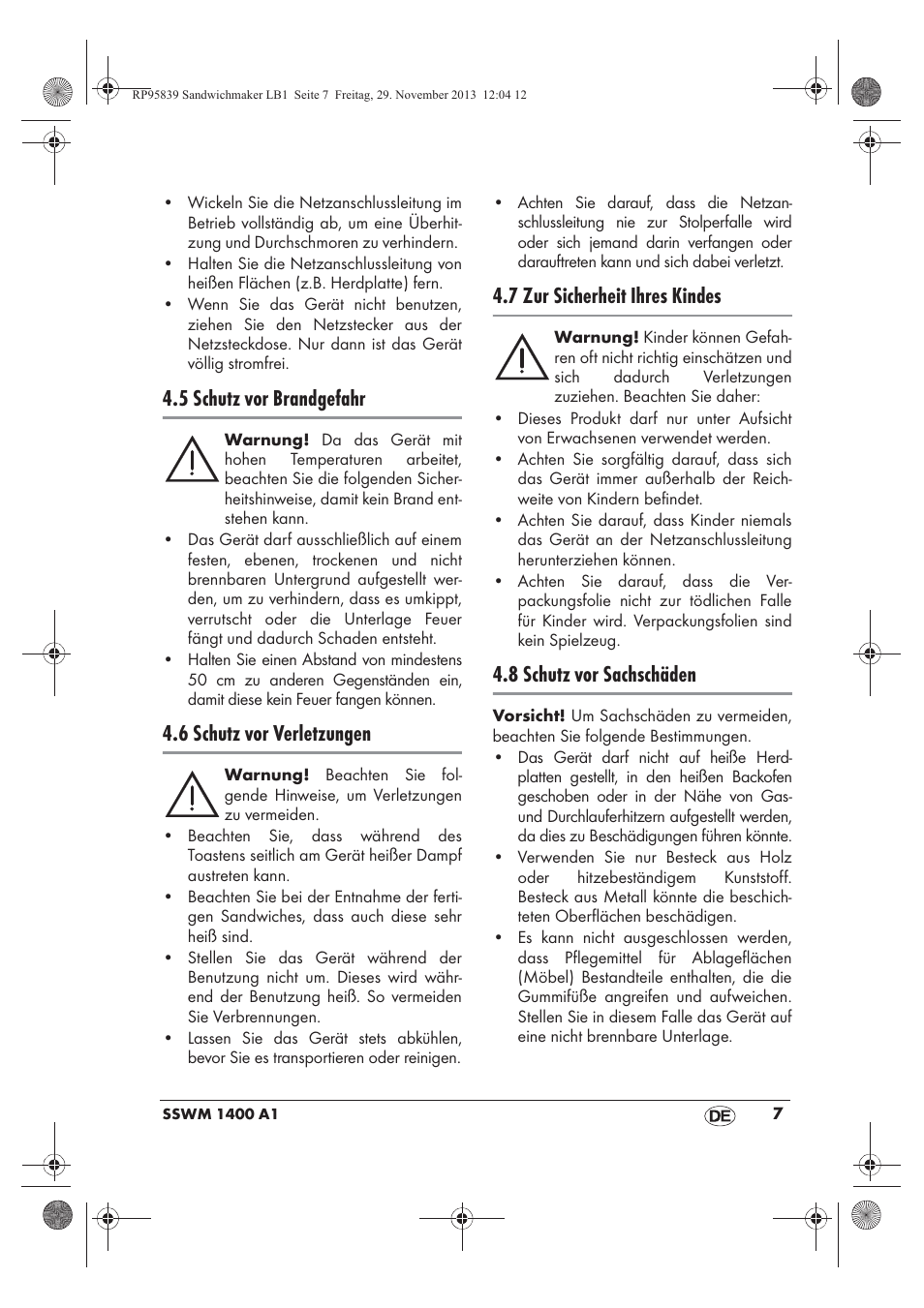 5 schutz vor brandgefahr, 6 schutz vor verletzungen, 7 zur sicherheit ihres kindes | 8 schutz vor sachschäden | Silvercrest SSWM 1400 A1 User Manual | Page 9 / 58