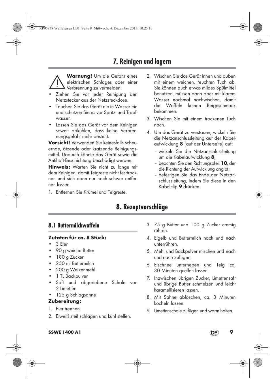 Reinigen und lagern, Rezeptvorschläge, 1 buttermilchwaffeln | Silvercrest SSWE 1400 A1 User Manual | Page 11 / 58