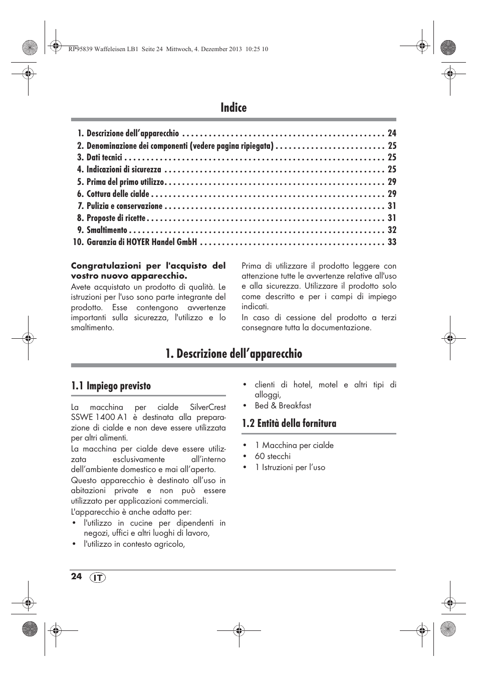 Indice, Descrizione dell’apparecchio | Silvercrest SSWE 1400 A1 User Manual | Page 26 / 58