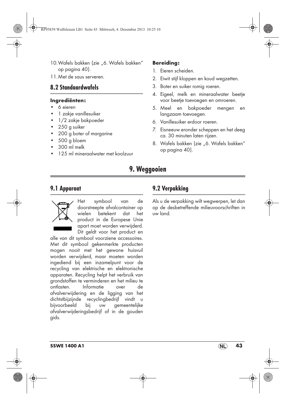 Weggooien, 2 standaardwafels, 1 apparaat | 2 verpakking | Silvercrest SSWE 1400 A1 User Manual | Page 45 / 58