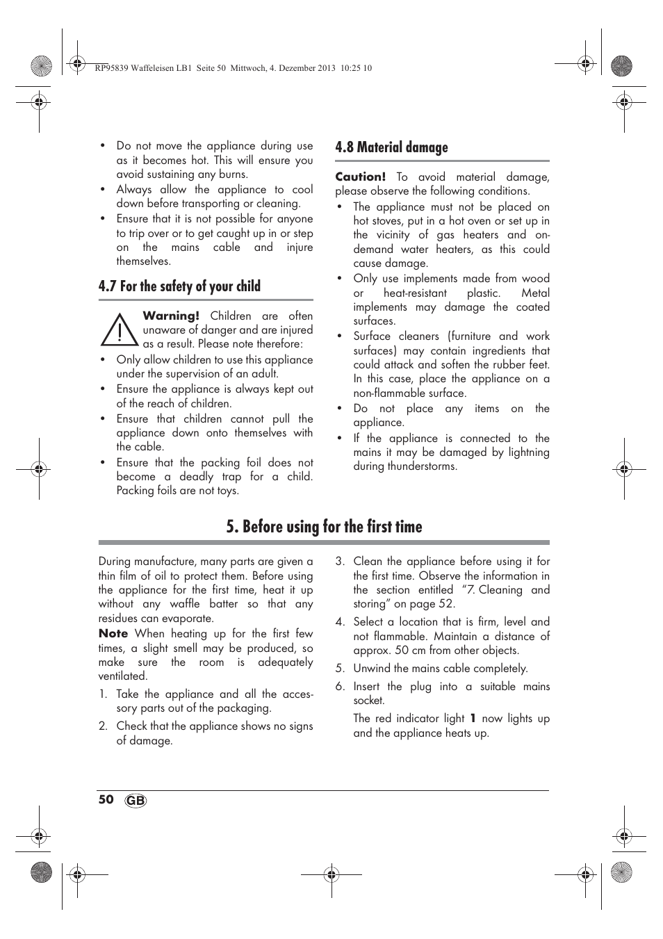 Before using for the first time, 7 for the safety of your child, 8 material damage | Silvercrest SSWE 1400 A1 User Manual | Page 52 / 58
