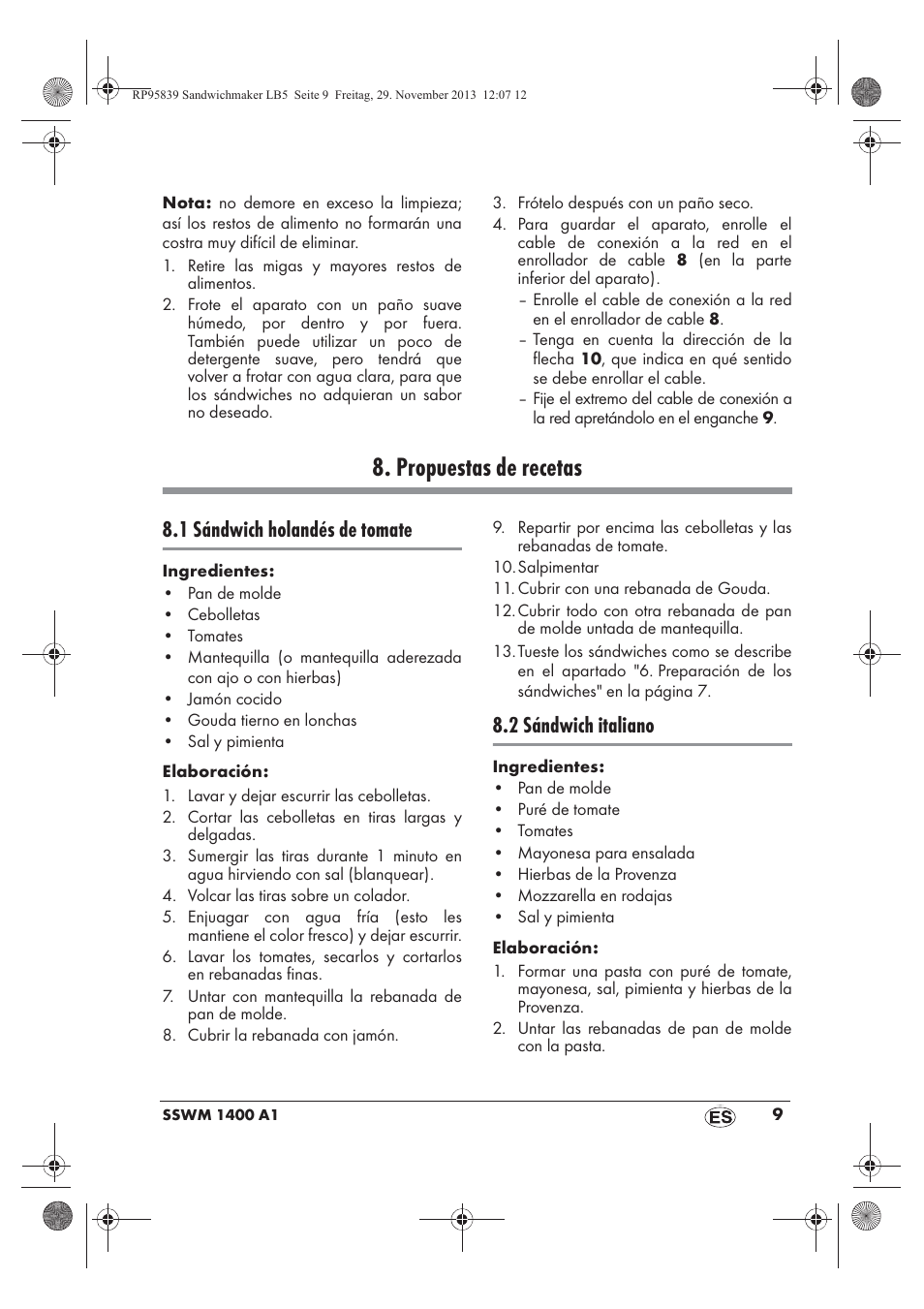 Propuestas de recetas, 1 sándwich holandés de tomate, 2 sándwich italiano | Silvercrest SSWM 1400 A1 User Manual | Page 11 / 58