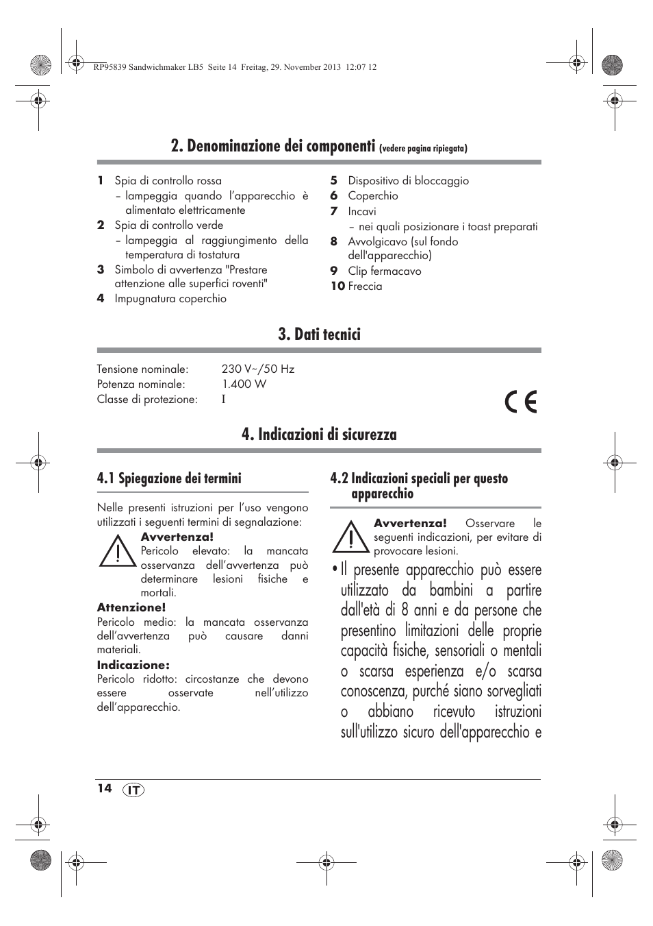 Denominazione dei componenti, Dati tecnici, Indicazioni di sicurezza | 1 spiegazione dei termini, 2 indicazioni speciali per questo apparecchio | Silvercrest SSWM 1400 A1 User Manual | Page 16 / 58