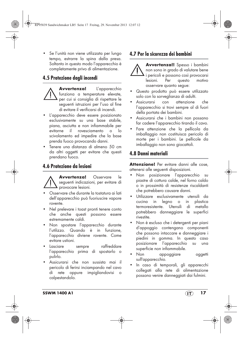 5 protezione dagli incendi, 6 protezione da lesioni, 7 per la sicurezza dei bambini | 8 danni materiali | Silvercrest SSWM 1400 A1 User Manual | Page 19 / 58