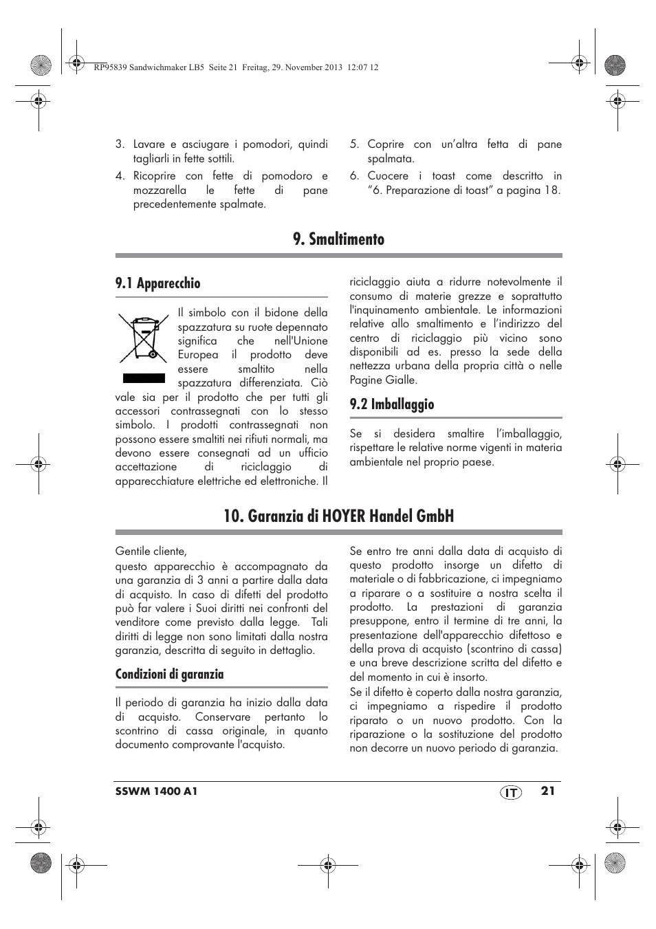 Smaltimento, Garanzia di hoyer handel gmbh, 1 apparecchio | 2 imballaggio | Silvercrest SSWM 1400 A1 User Manual | Page 23 / 58