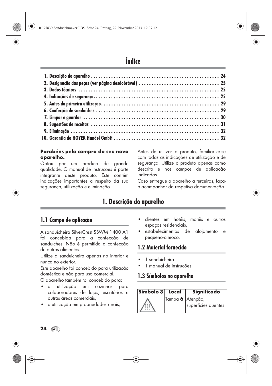 Índice, Descrição do aparelho, 1 campo de aplicação | 2 material fornecido, 3 símbolos no aparelho | Silvercrest SSWM 1400 A1 User Manual | Page 26 / 58