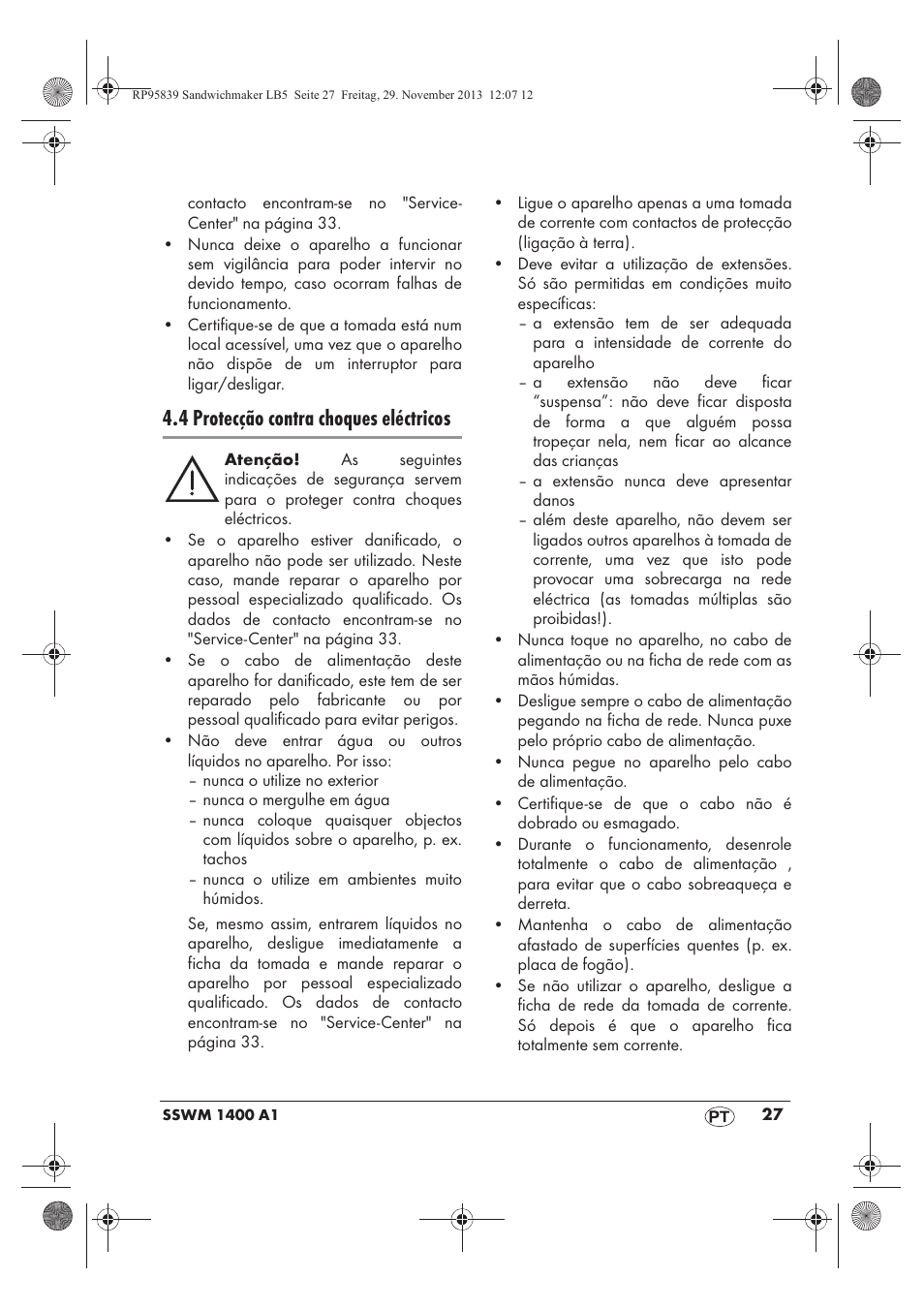 4 protecção contra choques eléctricos | Silvercrest SSWM 1400 A1 User Manual | Page 29 / 58