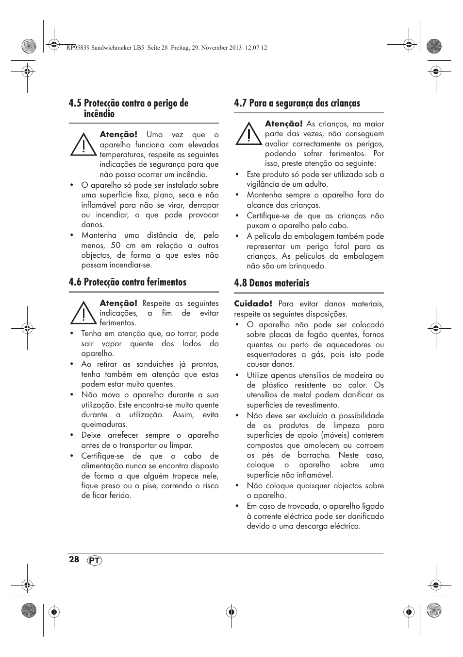 5 protecção contra o perigo de incêndio, 6 protecção contra ferimentos, 7 para a segurança das crianças | 8 danos materiais | Silvercrest SSWM 1400 A1 User Manual | Page 30 / 58