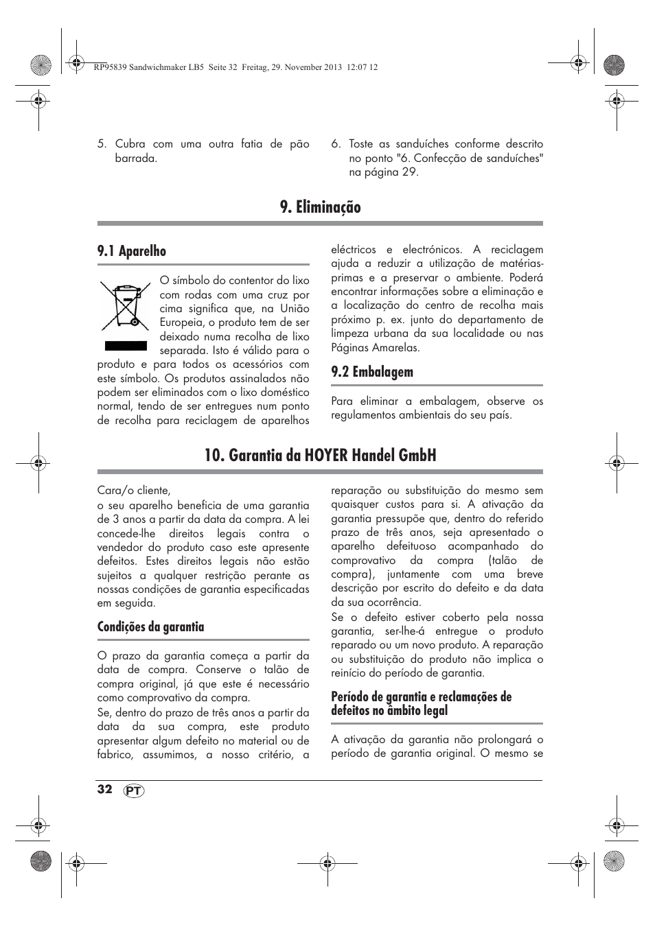 Eliminação, Garantia da hoyer handel gmbh | Silvercrest SSWM 1400 A1 User Manual | Page 34 / 58