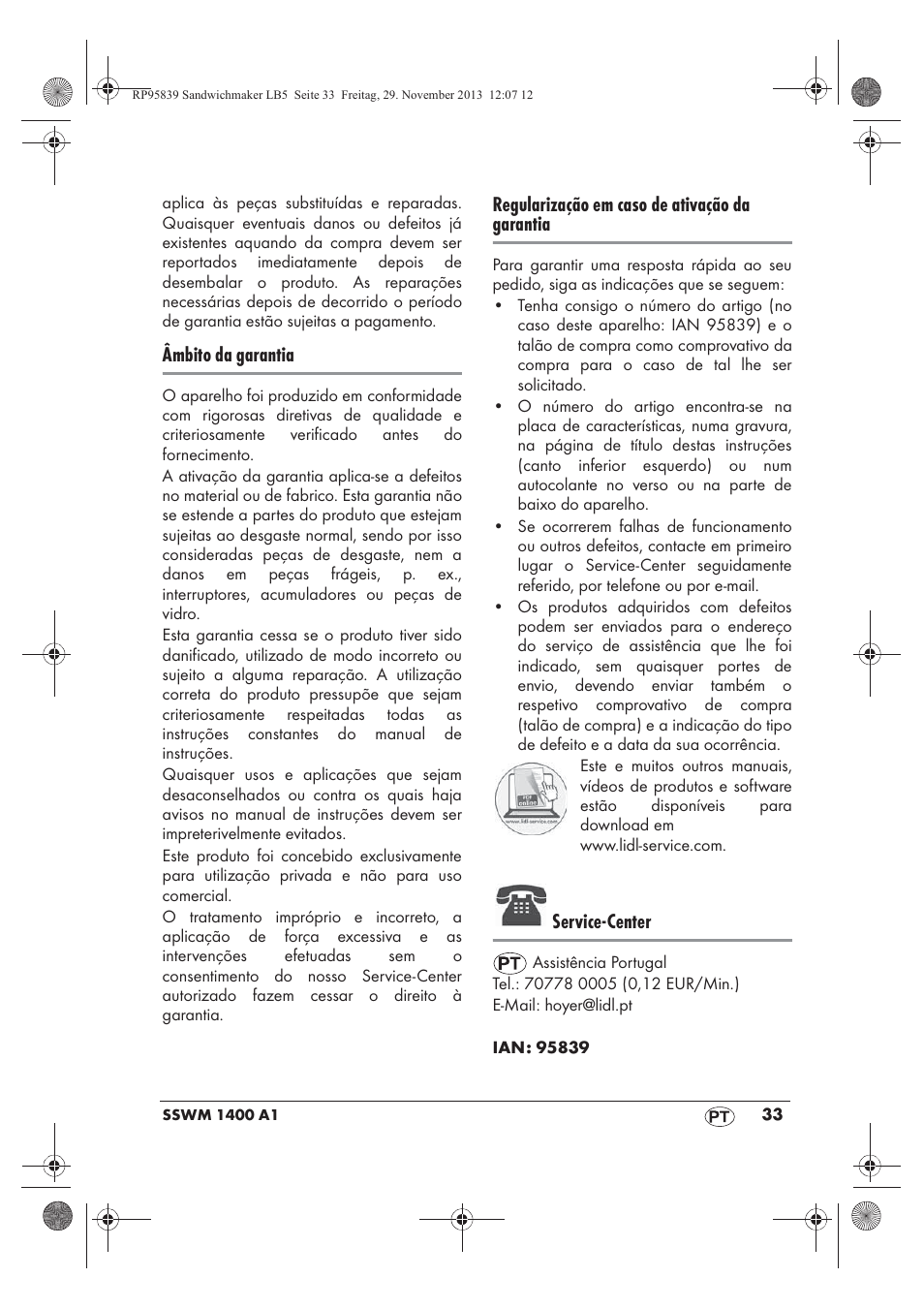 Âmbito da garantia, Regularização em caso de ativação da garantia, Service-center | Silvercrest SSWM 1400 A1 User Manual | Page 35 / 58