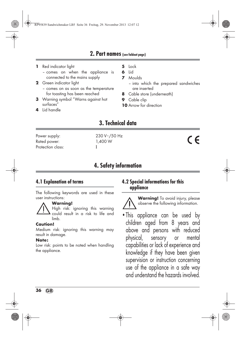 Part names, Technical data, Safety information | 1 explanation of terms, 2 special informations for this appliance | Silvercrest SSWM 1400 A1 User Manual | Page 38 / 58