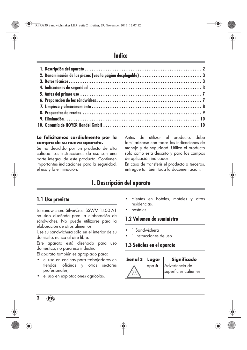 Índice, Descripción del aparato, 1 uso previsto | 2 volumen de suministro, 3 señales en el aparato | Silvercrest SSWM 1400 A1 User Manual | Page 4 / 58