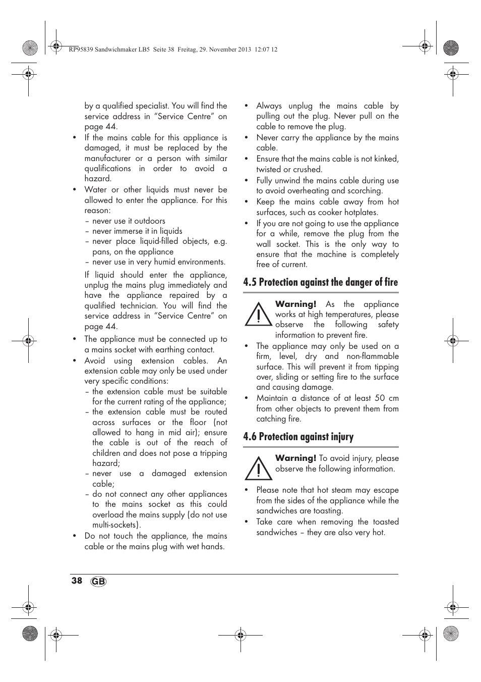5 protection against the danger of fire, 6 protection against injury | Silvercrest SSWM 1400 A1 User Manual | Page 40 / 58