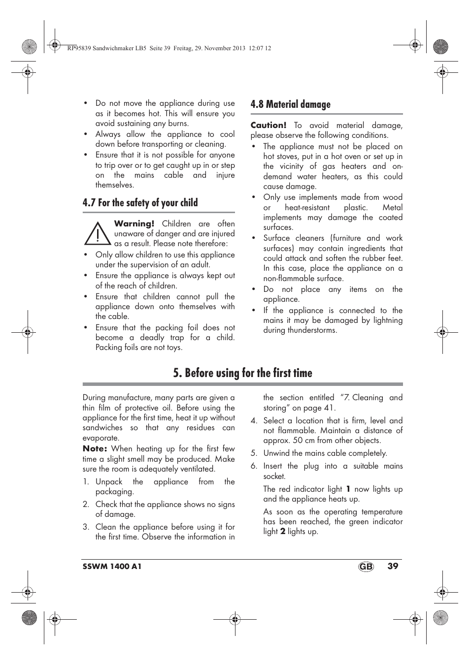 Before using for the first time, 7 for the safety of your child, 8 material damage | Silvercrest SSWM 1400 A1 User Manual | Page 41 / 58