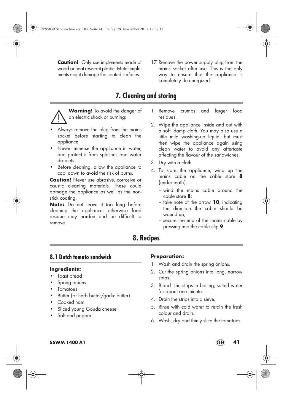 Cleaning and storing, Recipes, 1 dutch tomato sandwich | Silvercrest SSWM 1400 A1 User Manual | Page 43 / 58