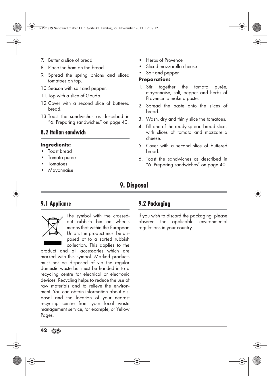 Disposal, 2 italian sandwich, 1 appliance | 2 packaging | Silvercrest SSWM 1400 A1 User Manual | Page 44 / 58