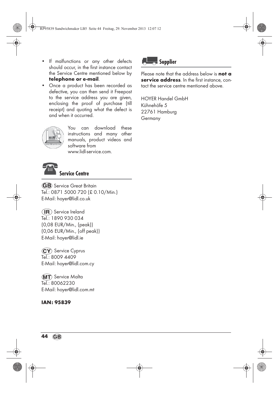 Service centre, Supplier | Silvercrest SSWM 1400 A1 User Manual | Page 46 / 58